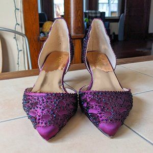 Satin Purple Rhinestone Embellished Kitten Heels